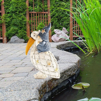 Pelican Gnome Figurine 11.5" – Resin Coastal Beach Decor with Starfish & Seashell, Tabletop Statue for Home, Garden & Poolside – Summer Gift & Nautical Decor