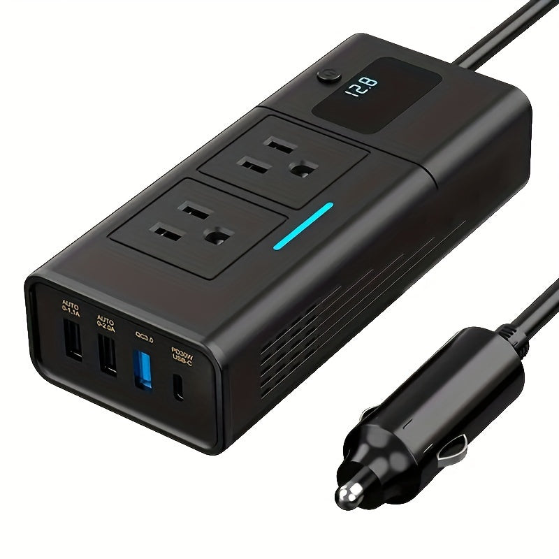Black 200W Elongated Car Power Inverter Hub with Multiple 110V AC Outlets, USB Ports and Display