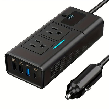 Black 200W Elongated Car Power Inverter Hub with Multiple 110V AC Outlets, USB Ports and Display