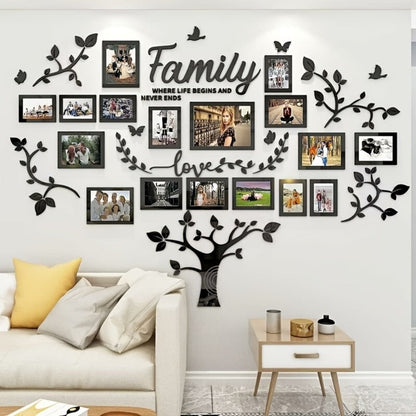 Family Tree Acrylic-Look Wall Decal and Photo Frame Collage with Leaf Shapes, Family and Love Text