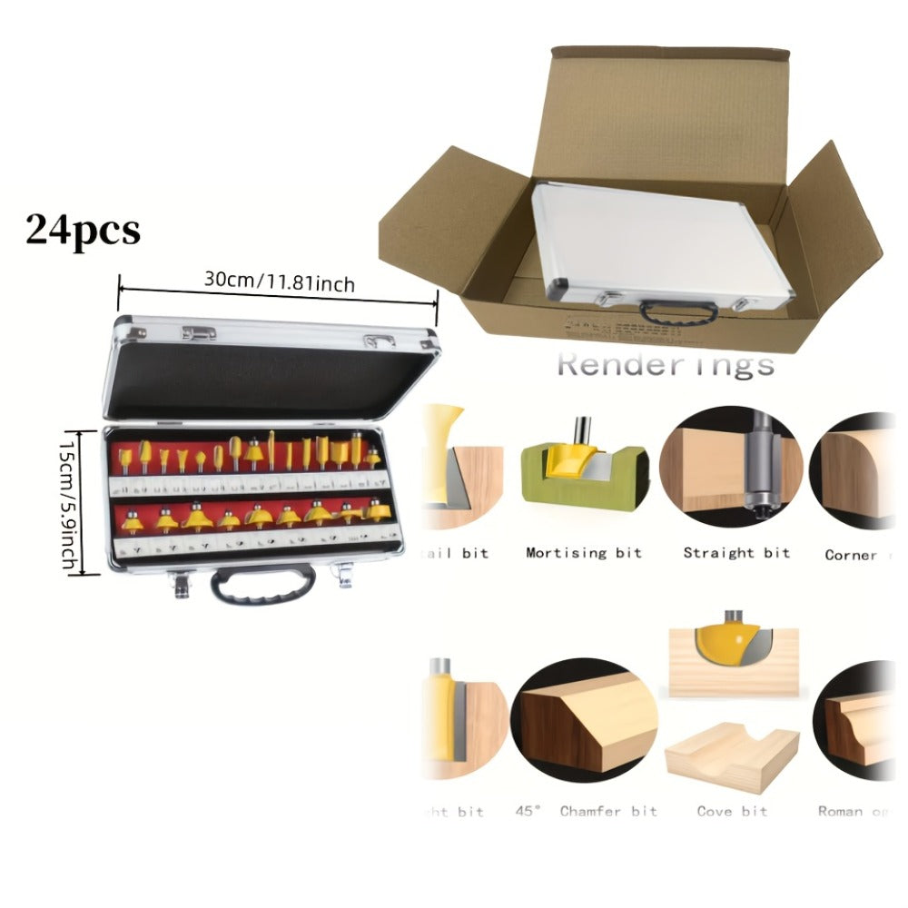 Carbide-Tipped Router Bit Set with 1/4-Inch Shanks and Metal Case in 24- or 35-Piece Options