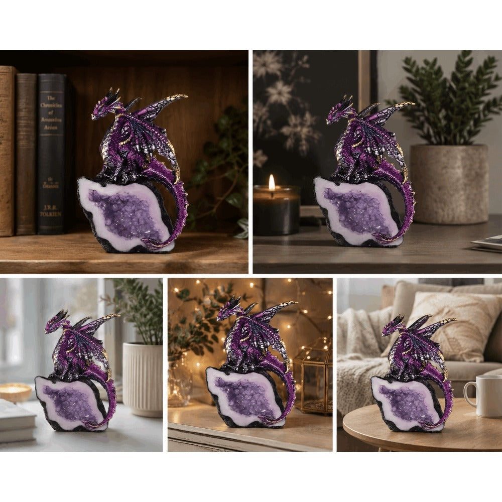 Purple Dragon and Crystal-Cave Figurine with 5.5-Inch Listed Height and Faceted Geode Base