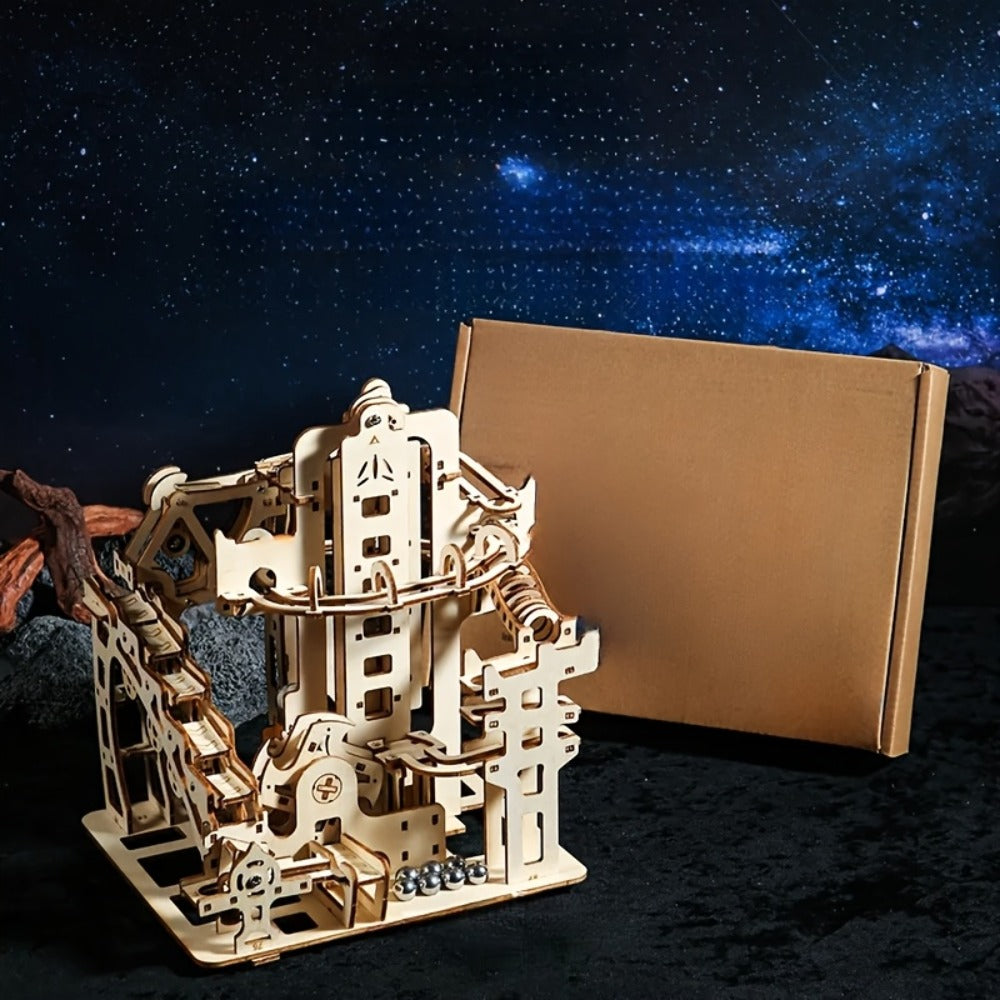 Wooden Marble Track Model Kit with Dual-Linkage A or B Builds, Laser-Cut Panels, Gears and Ball Rails