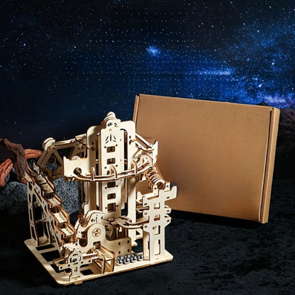 Wooden Marble Track Model Kit with Dual-Linkage A or B Builds, Laser-Cut Panels, Gears and Ball Rails