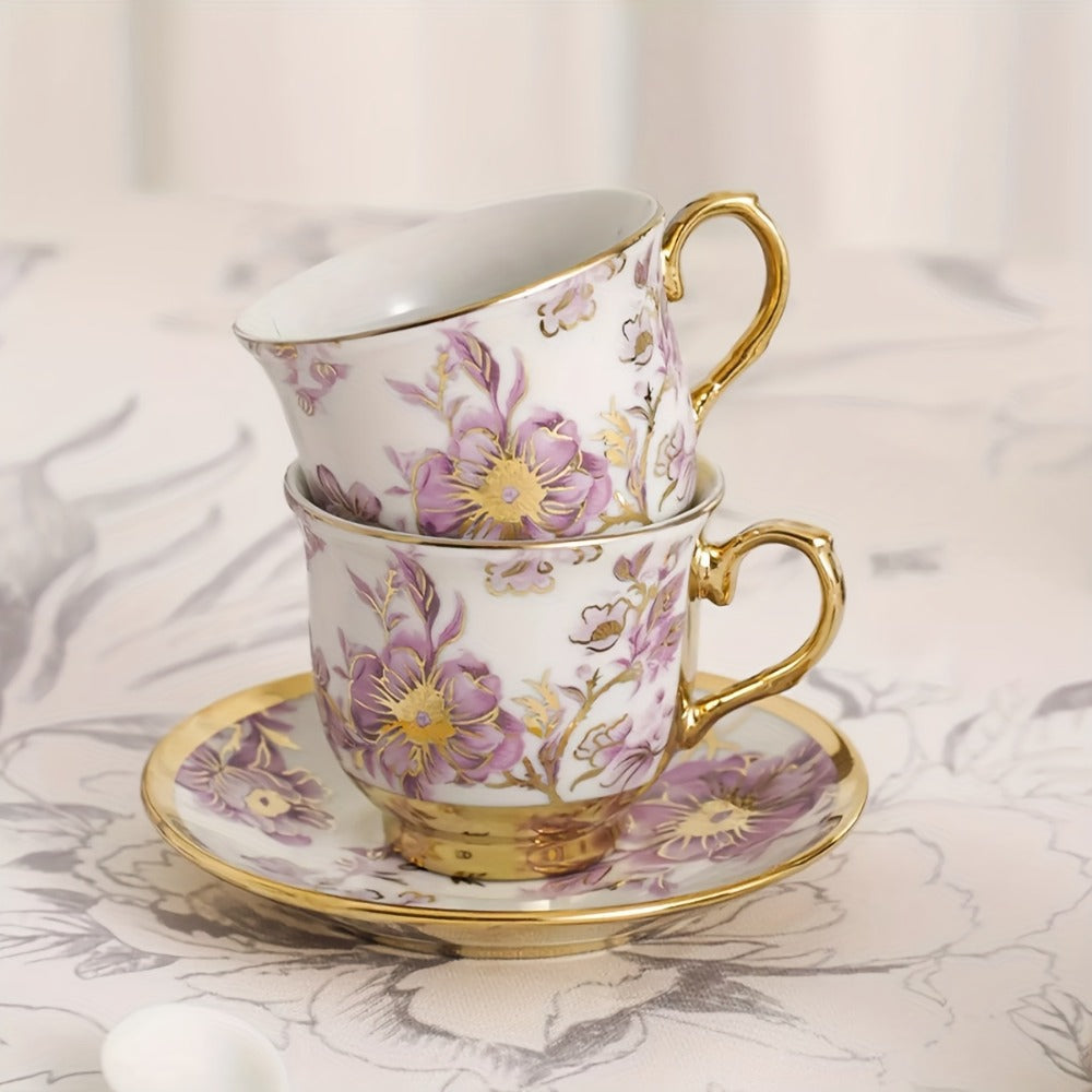 Twenty-Piece Floral Ceramic Tea Set with 15-Ounce Teapot, Six Cups, Saucers, Spoons and Metal Rack