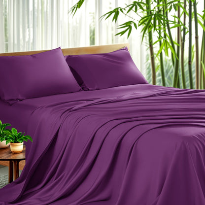 Sheet Set, Four-Piece Bamboo-Blend Plain-Weave Bedding with 16-Inch Fitted Pocket and Thirteen Solid Colors