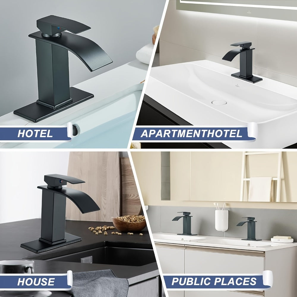 Single-Handle Waterfall Bathroom Faucet with Deck Plate, Drain Options and Single or Two-Piece Finishes