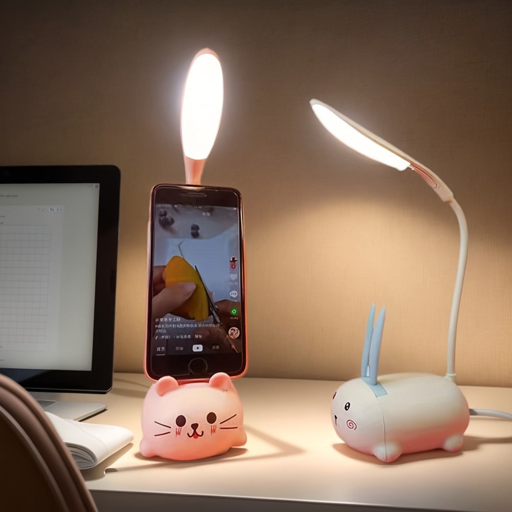 Night Light Mini Animal Desk Lamp with Flexible Neck, USB Rechargeable Power and Five Bunny or Cat Style Options