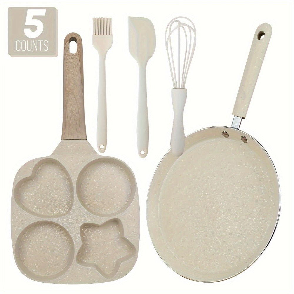 Cookware Set ABKOK 5-Piece Beige Frying Pan, Divided Breakfast Pan, Whisk, Brush and Spatula