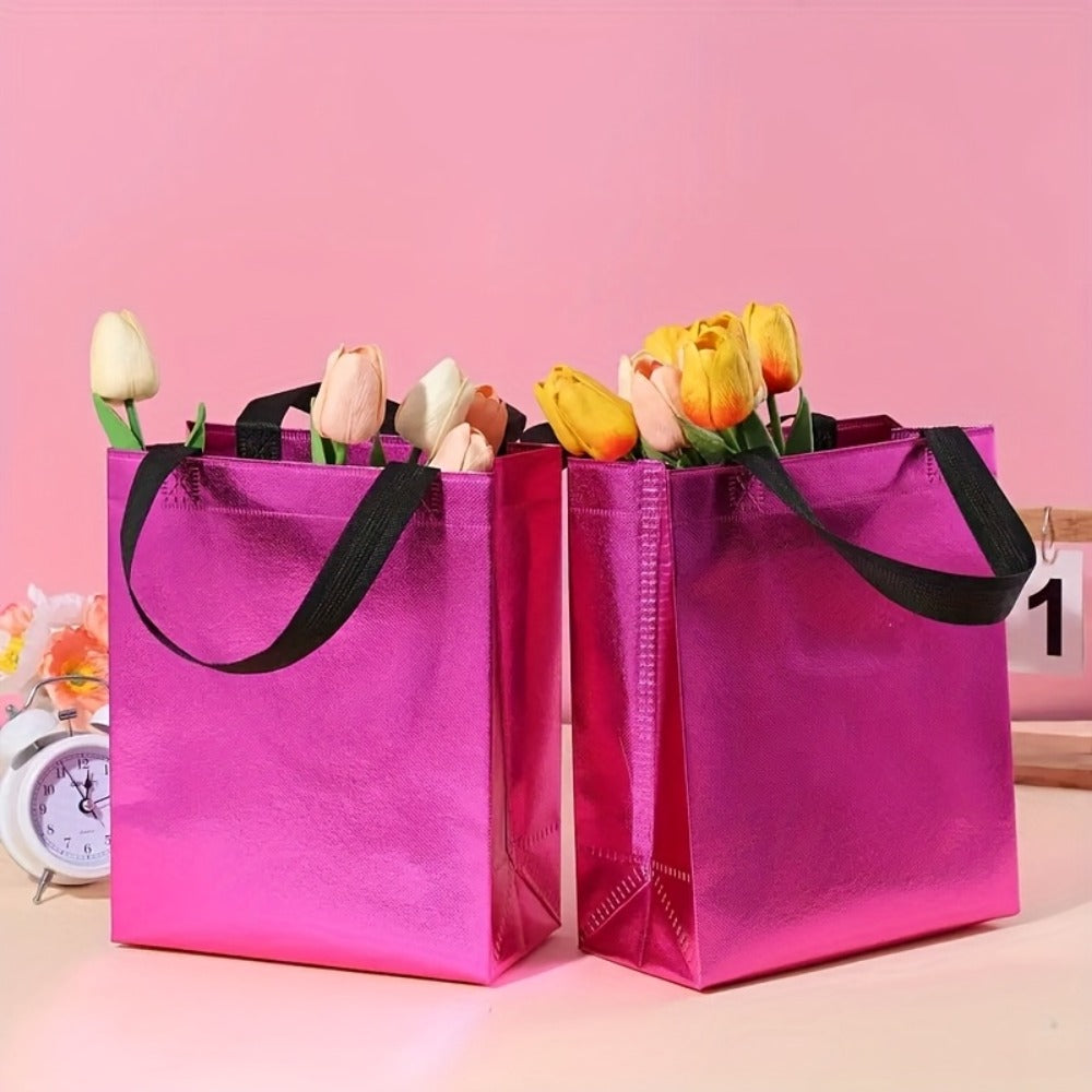 Twenty-Four Glossy Gift Bags in Mixed Colors, Each Measuring 8 by 10 by 4 Inches with Carry Handles
