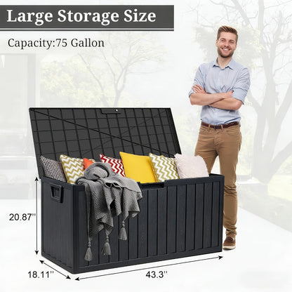 75-Gallon Outdoor Storage Box with Hinged Lid, Side Grips, Small Wheels and Three Color Options