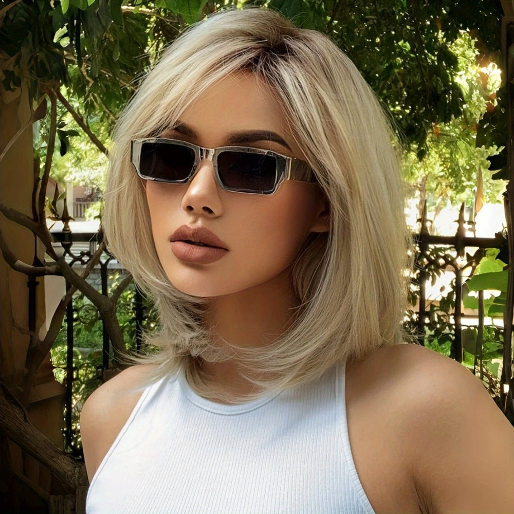Rose Net Cap Straight Wig Platinum Blonde Mixed White Golden 16 Inch – Adjustable Mechanism Head Cover Lightweight Synthetic Hair for Women Daily Wear Costume Cosplay Party