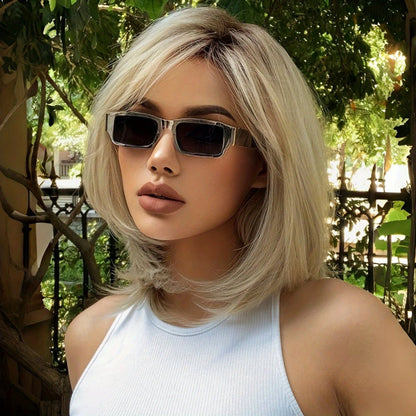 Rose Net Cap Straight Wig Platinum Blonde Mixed White Golden 16 Inch – Adjustable Mechanism Head Cover Lightweight Synthetic Hair for Women Daily Wear Costume Cosplay Party