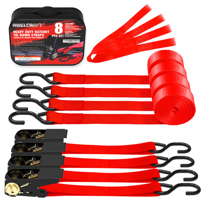 Ratchet Tie Down Straps 4-Pack 15FT 1,500 lb Break Strength Heavy Duty with Soft Loops & Storage Bag – High-Visibility Webbing for Motorcycle ATV Kayak Truck Bed Trailer Roof Rack