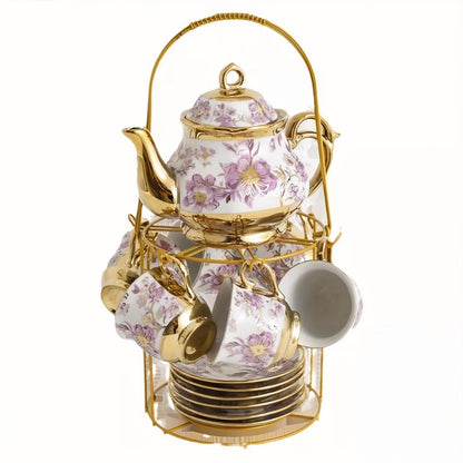 Twenty-Piece Floral Ceramic Tea Set with 15-Ounce Teapot, Six Cups, Saucers, Spoons and Gold Rack