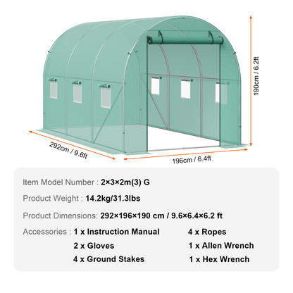 10- to 20-Foot Tunnel Greenhouse with Green Cover, Roll-Up Door and Size-Specific Vent Windows