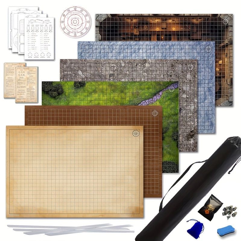Fantasy Tabletop RPG Starter Map Set with Six Terrain Grids, Dice, Character Sheets and Templates