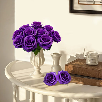 Artificial Flowers 10-Piece Silk Rose Set with 19.69-Inch Bendable Stems in Deep Purple or Dark Green