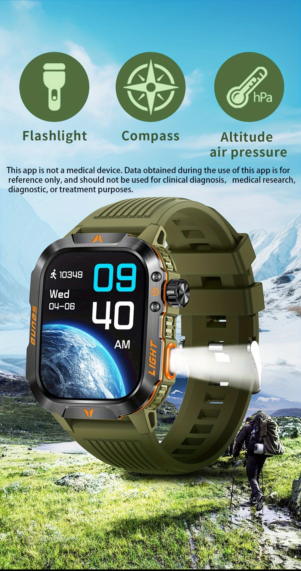 2.01" HD Compass Smartwatch for Men Women – Wireless Calling Outdoor Adventure Watch with LED Flashlight Fitness Tracker Pedometer Calorie Counter Long Battery Life Compatible with Android iPhone Couples Gift