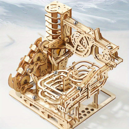 Wooden Marble Track Model Kit with Dual-Linkage A or B Builds, Laser-Cut Panels, Gears and Ball Rails