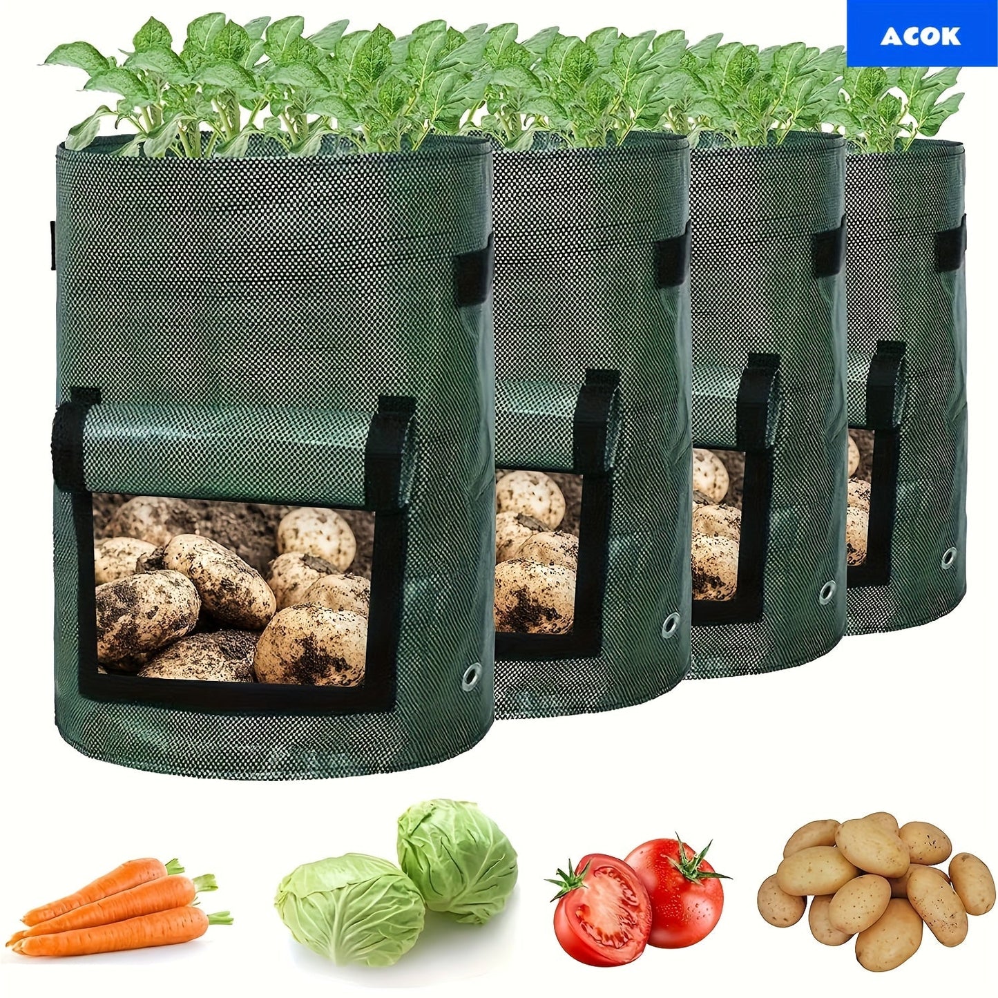 Potato Grow Bags with Harvest Flap & Handles 4pcs 7 Gallon | No-Dig Harvest Window | Vegetable Planter for Potatoes Onions Tomatoes Carrots Indoor Outdoor