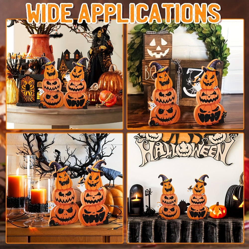 Two-Piece Halloween Pumpkin Stack Tabletop Decoration Set with Witch Hats, Ghost Accents and Glitter-Look Finish