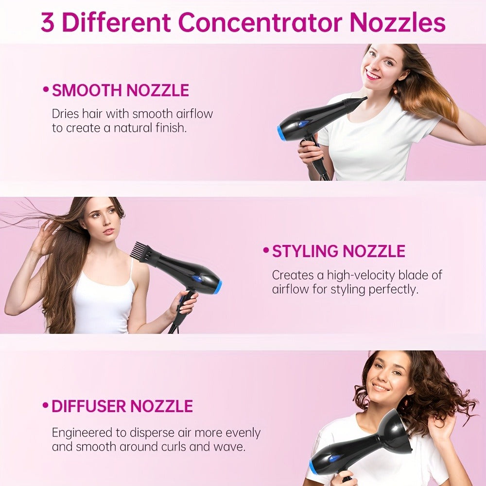 Brushless Motor Hair Dryer Set with Accessories - Professional Blow Dryer Kit Concentrator Nozzle Comb Clips 2 Modes 3 Speeds Ionic Anti-Frizz Home Salon Travel Black White Blue Green