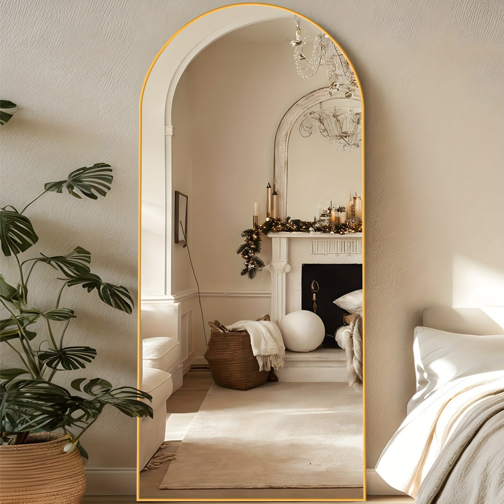 Large 68 × 26 Inch Black Arched Full-Length Floor Mirror with Slim Frame and Freestanding Support