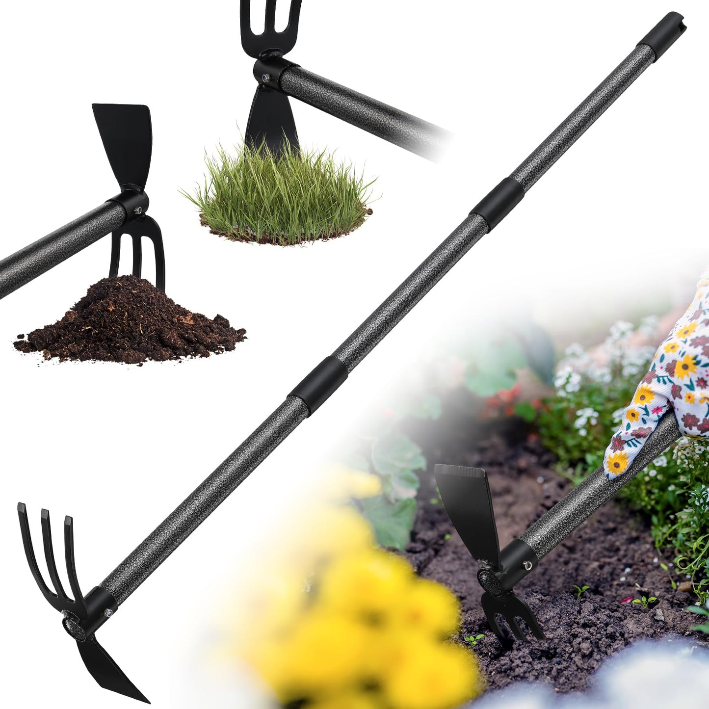 Garden Cultivator Hoe 2-in-1 60 Inch Long Handle Steel Tiller Blade & 3-Prong Cultivator Head for Weeding Tilling Loosening Soil Planting Lightweight