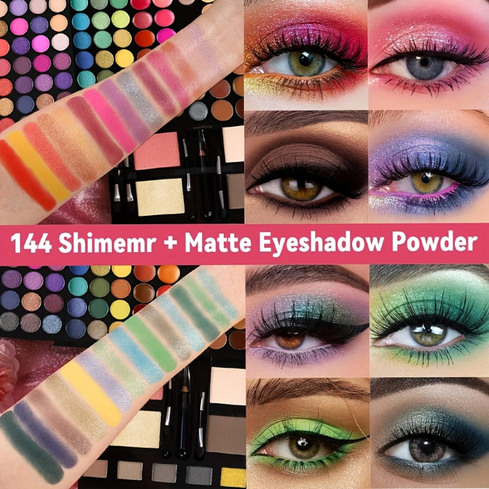 Makeup Kit 190-Color Fold-Out Face and Eye Palette with Center Mirror, 144 Eyeshadow Shades and Eight Brushes