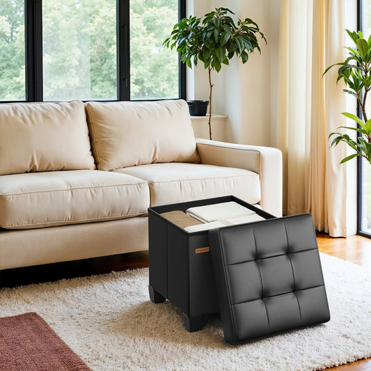 Storage Ottoman Cube with Legs Faux Leather Footstool Footrest 10 Gallon 37L Hidden Storage Seat for Bedroom Living Room Dorm Entryway Toy Box Organizer Black White