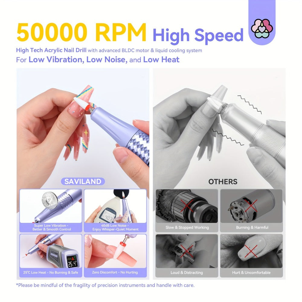 Electric Nail Drill SAVILAND Purple 50,000 RPM Rechargeable E-File with Display, Forward-Reverse and Accessory Kit