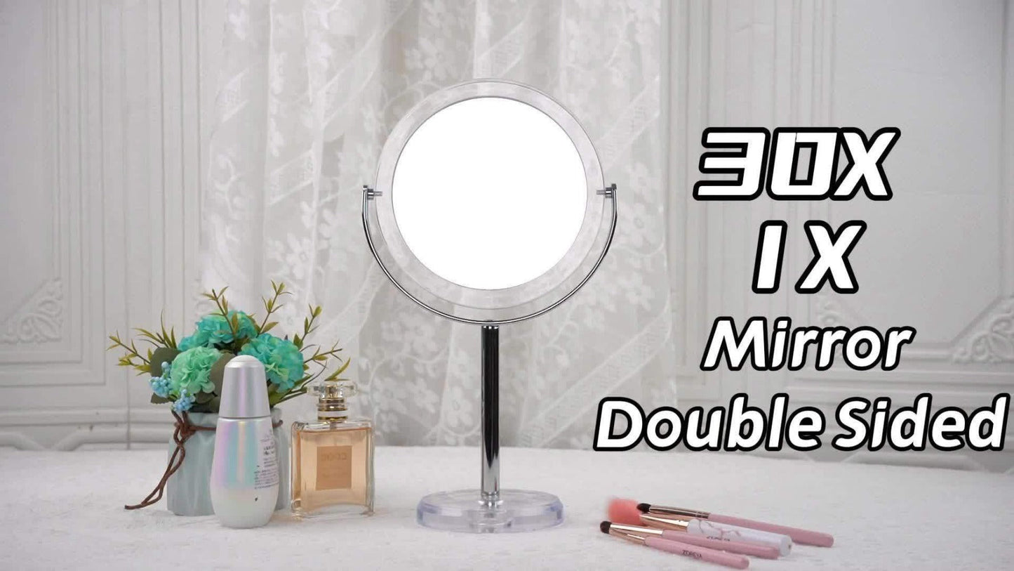 Makeup Mirror Dual-Sided 1X and 30X Round Chrome-Finish Stand with 360° Rotation and Detachable Frame