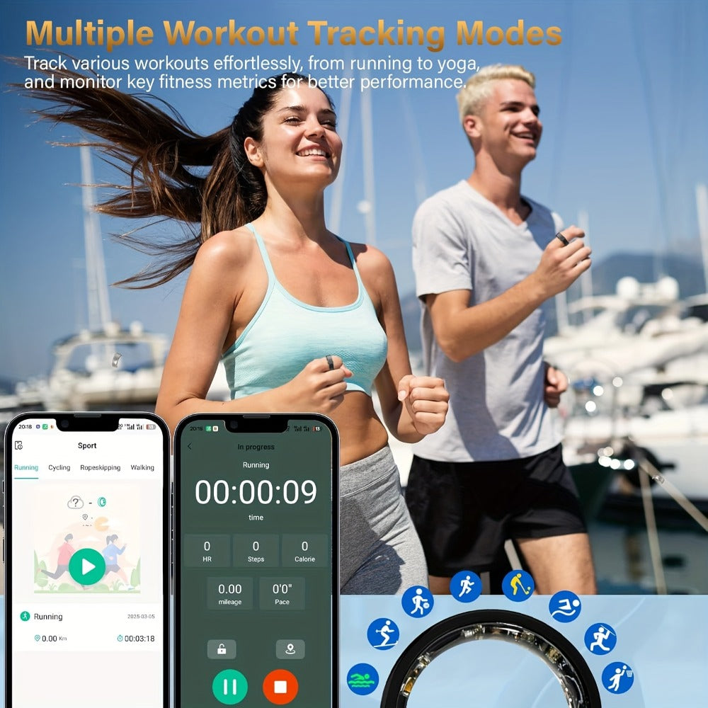 Smart Ring Health & Fitness Tracker Titanium – IP68 Waterproof, Sleep Heart Rate Step Calorie Stress Monitor, BLE 5.3 Magnetic Charging, Android iOS Compatible | Men Women Gift | Black Silver