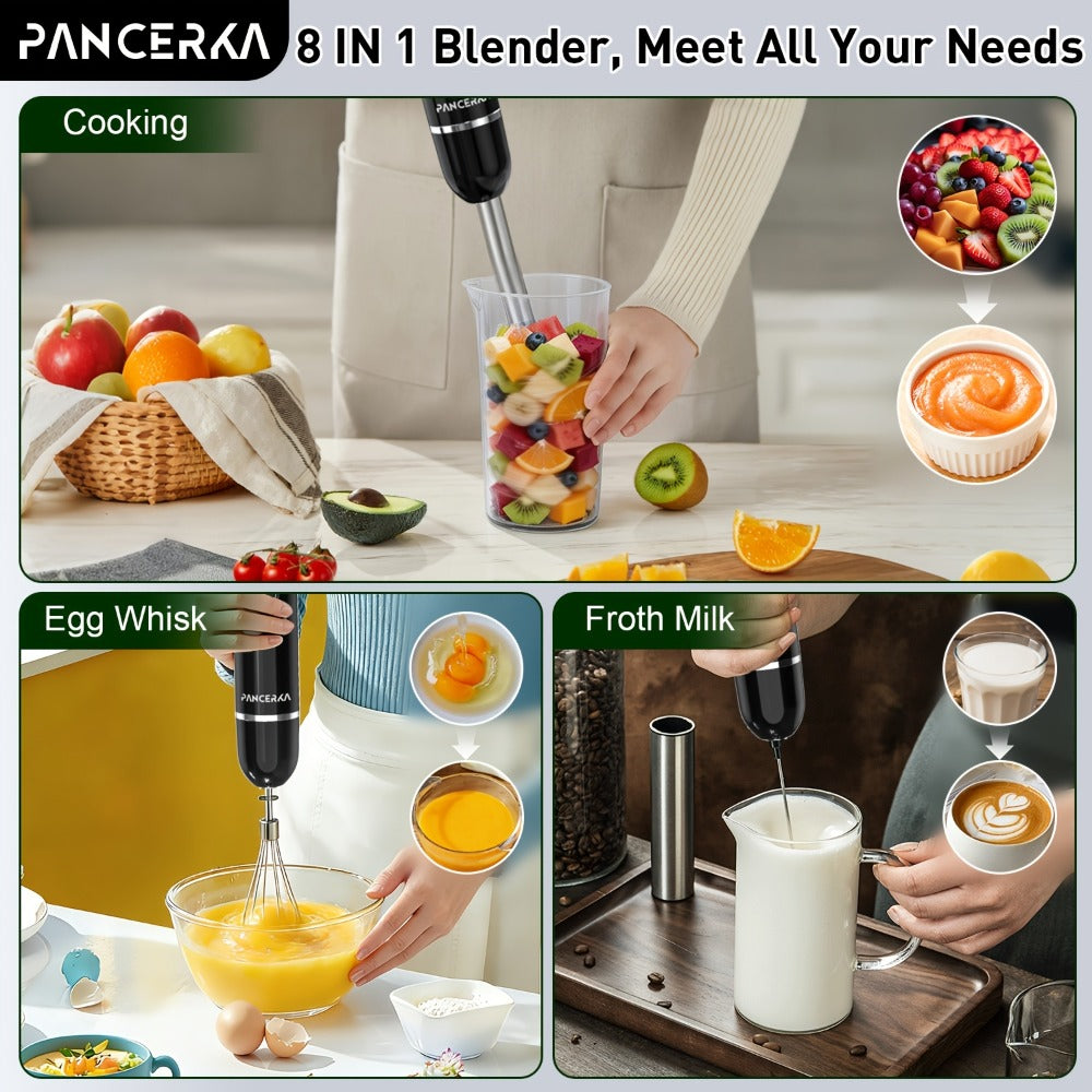 Black 8-in-1-Labeled Immersion Blender Set with 600ml Chopper, Dough Hooks, Whisk and Frother