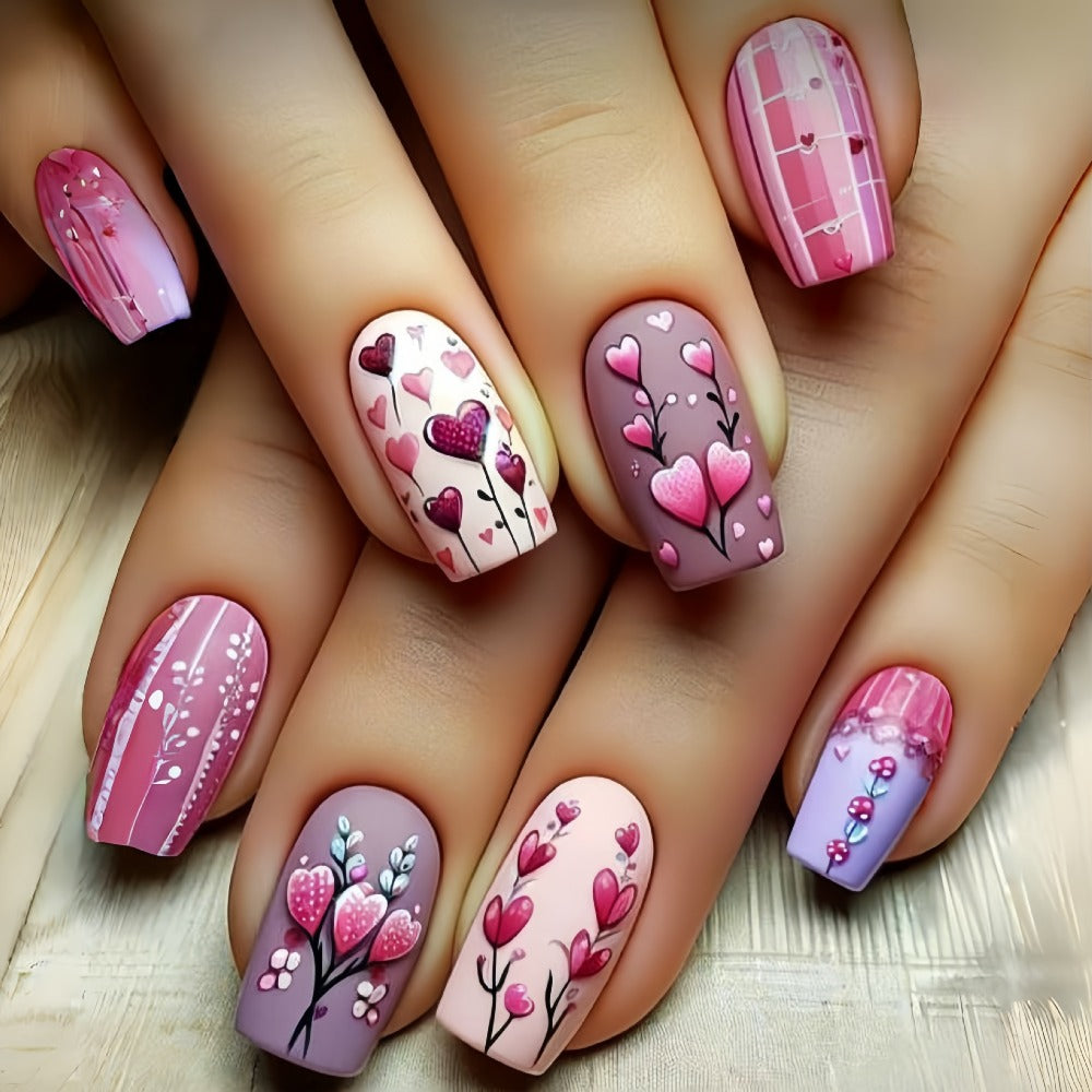 Almond Press On Nails 96 Pieces 4 Packs Sparkling Hearts Glitter Full Cover False Nails for Women Girls – Jelly Adhesive Tabs & Nail File Included | Valentine's Day Romantic Nail Art Kit