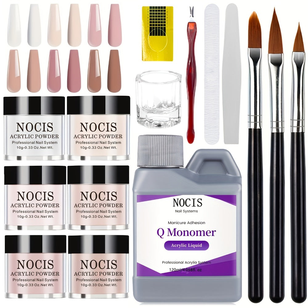 Six-Color Acrylic Nail Powder Set with Monomer Bottle and Application Tool Assortment in Three Set Codes
