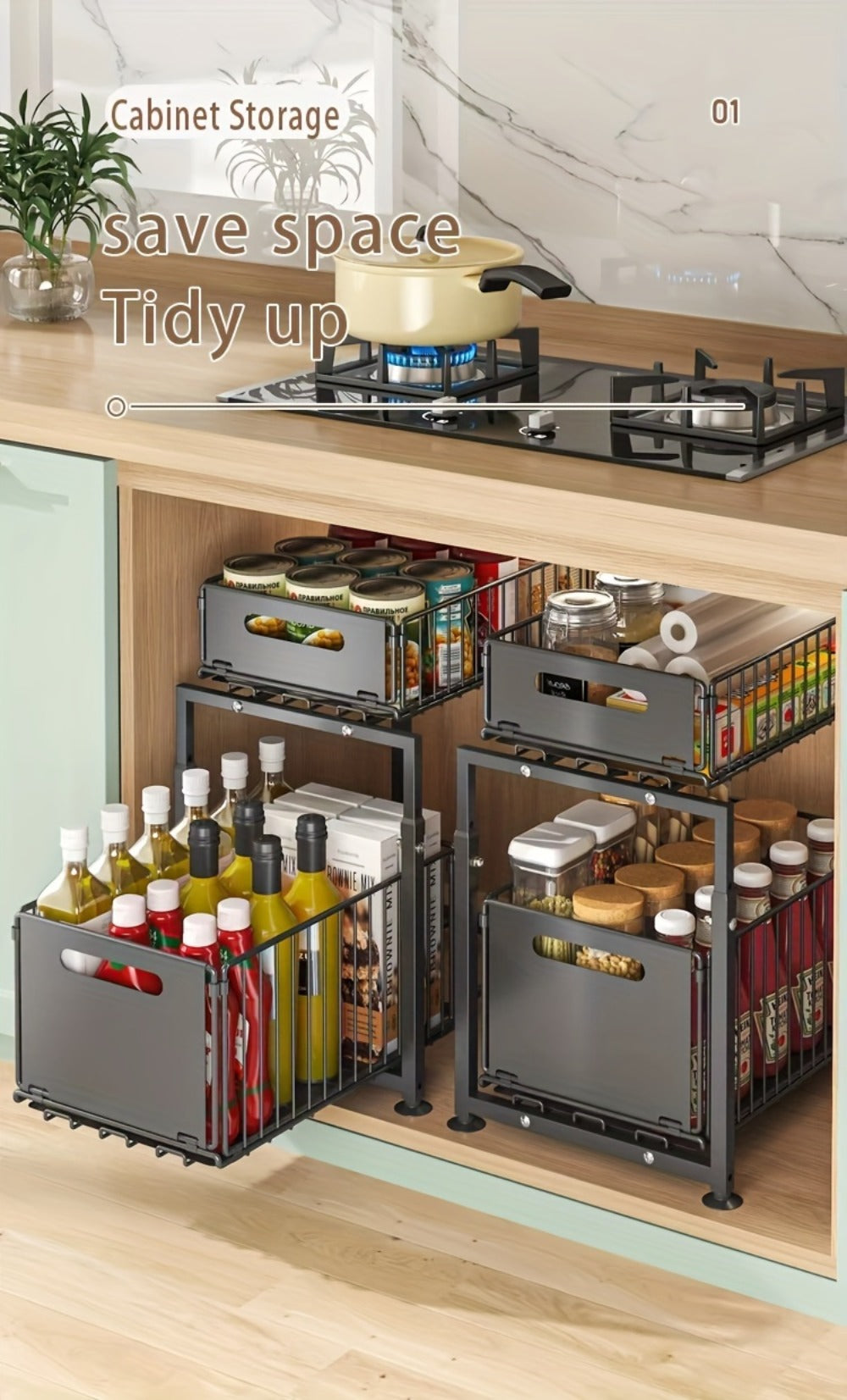 Two-Tier Under-Sink Cabinet Organizer with Sliding Metal Baskets in One- or Two-Piece Options