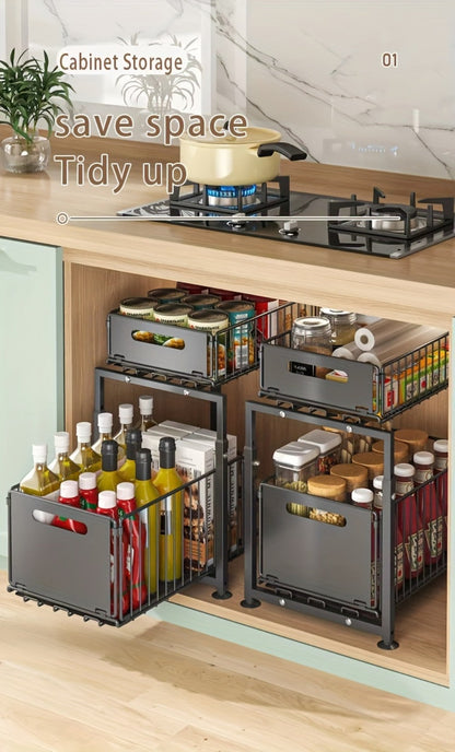 Two-Tier Under-Sink Cabinet Organizer with Sliding Metal Baskets in One- or Two-Piece Options