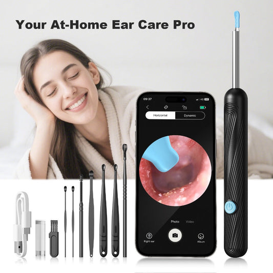 Ear Wax Removal Camera Visual Ear Cleaner 1080P HD – 6 Safety Ear Spoons 7-Piece Kit, USB Charging, Real-Time Smartphone Inspection, Portable Ear Cleaning Tool for Adults Kids, Black and White