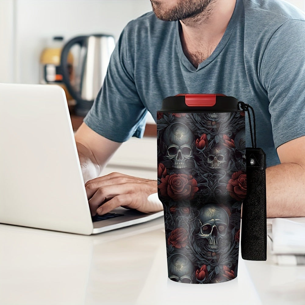 Insulated Tumbler 20oz Gothic Skull and Roses Stainless Steel Travel Mug with Carry Strap for Everyday Use