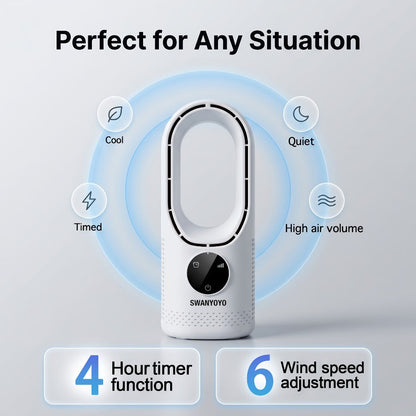 Portable Bladeless Fan USB Tower Fan, Desktop Air Conditioner Fan with Water Mist Cooling, Remote Control, Touch Screen, 7-Color LED Ambient Light and Timer, Personal Cooling Fan for Office, Travel, Camping, Home