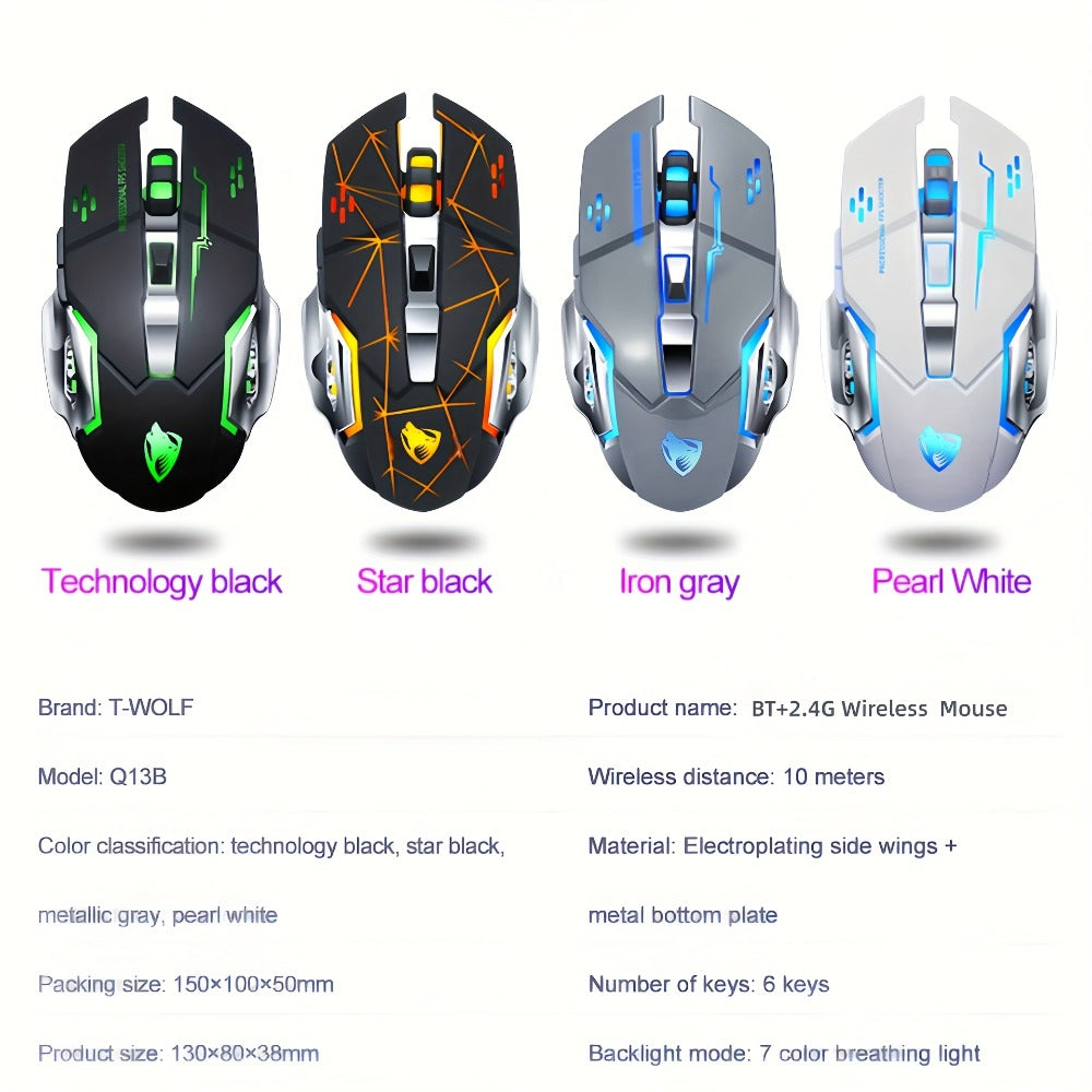 Wireless Gaming Mouse RGB Rechargeable T-WOLF 2.4GHz Ergonomic Large Mouse for PC Laptop Tablet Mac Chromebook Adjustable DPI Quiet Click Work Gaming Study Back to School Gift
