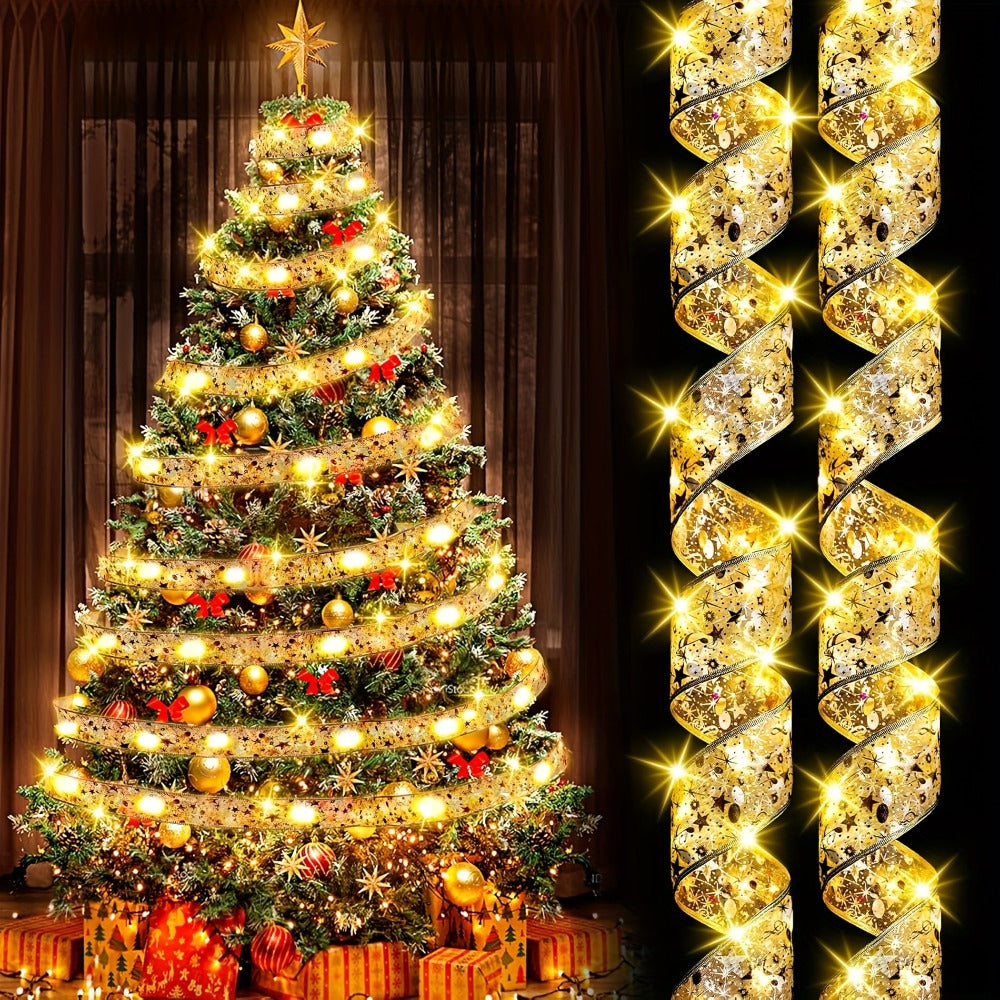 String Lights, 32.8-Foot Golden Warm White Ribbon Garland with Battery Power for Indoor Holiday Decor