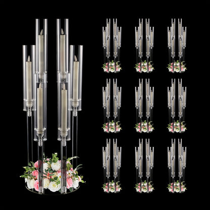 Clear Acrylic Six-Arm Candelabra with 68cm Height, 22cm Round Base and 2-, 4-, 10-, 12- or 20-Piece Options