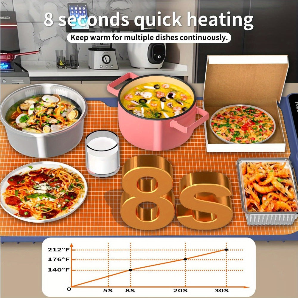 Electric Food Warming Mat with 6 Temperature Levels & 6-Hour Timer – Full Surface Roll-Up Heating Tray for Holiday Parties Buffets Dining Table Keeps Food Warm Blue Beige
