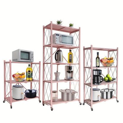 Foldable Storage Rack with Lockable Wheels 3 4 5 Tier Carbon Steel No Assembly Space Saving Floor Standing Shelf for Bedroom Balcony Garden