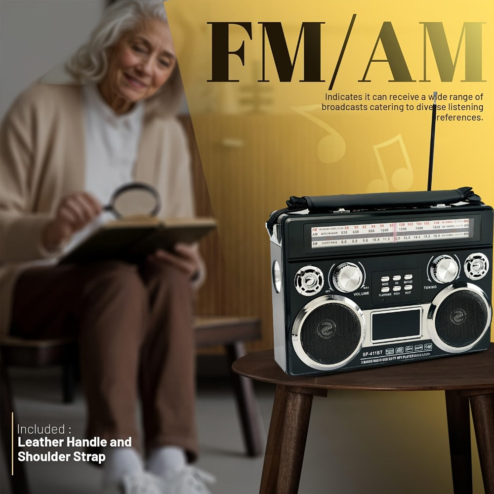 Solar Powered Bluetooth Radio Retro Portable AM FM SW with LED Flashlight, TF SD USB AUX MP3 Playback, Telescopic Antenna & Leather Handle for Camping Emergency Outdoor