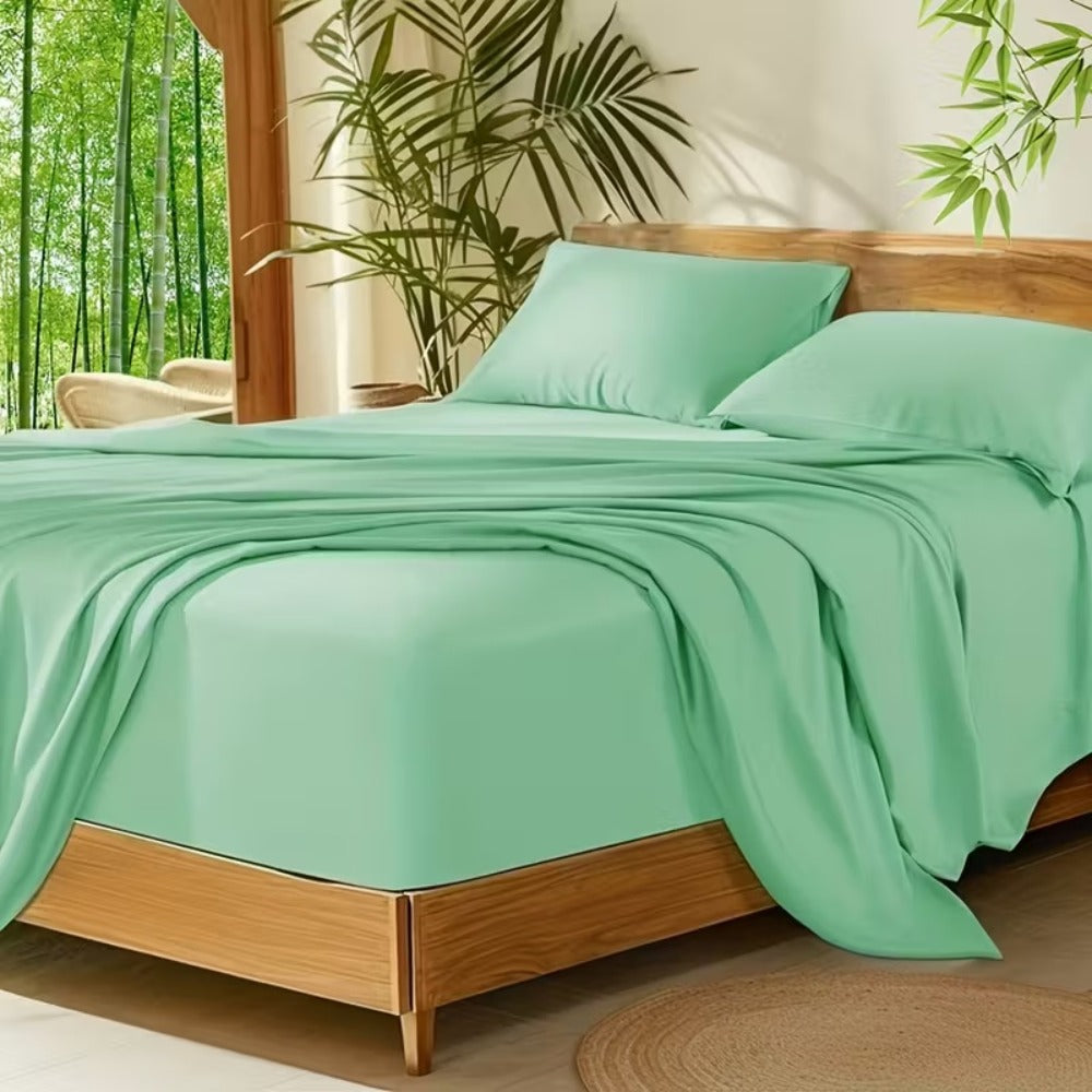 Bed Sheet Set 4-Piece Bamboo-Derived Cooling Fabric with Deep-Pocket Fitted Sheet and Four Bed Sizes