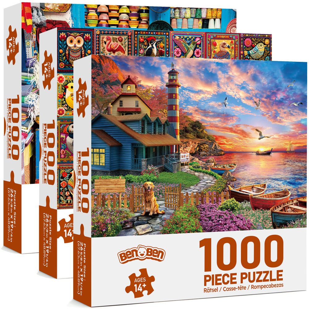 Adult Jigsaw Puzzle Three-Pack with Three 1000-Piece Designs: Sunset Lighthouse, Bird Crochet and Moroccan Pottery
